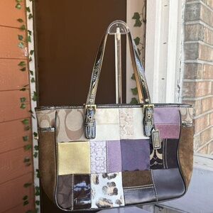 Coach Patchwork Shoulder Bag in Brown, Cream, and Purple
